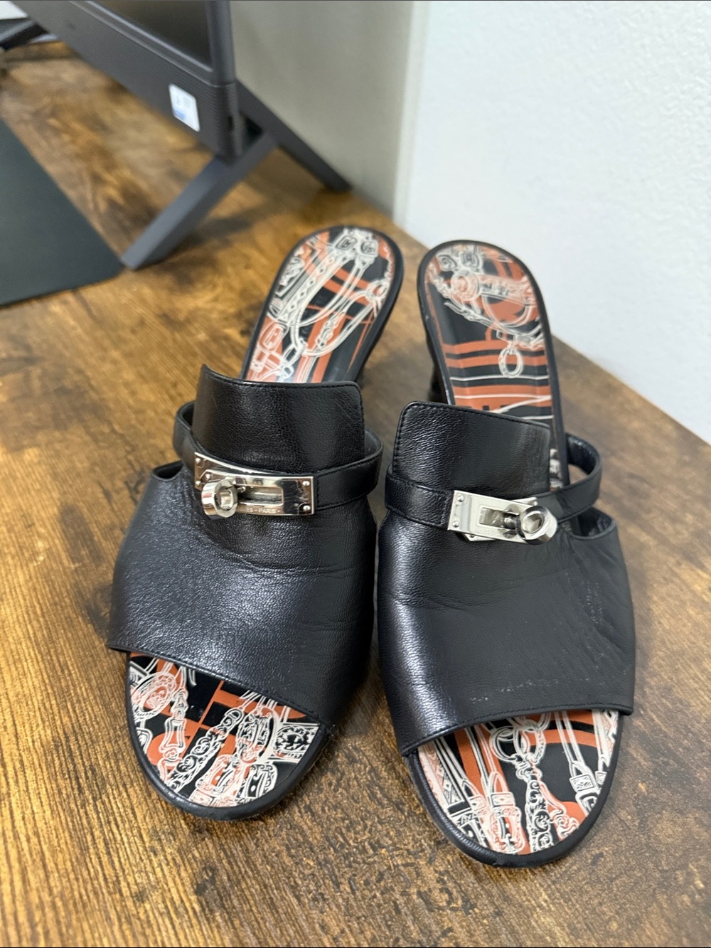 Hermes Black Leather Slide Mules with Silver Hardware